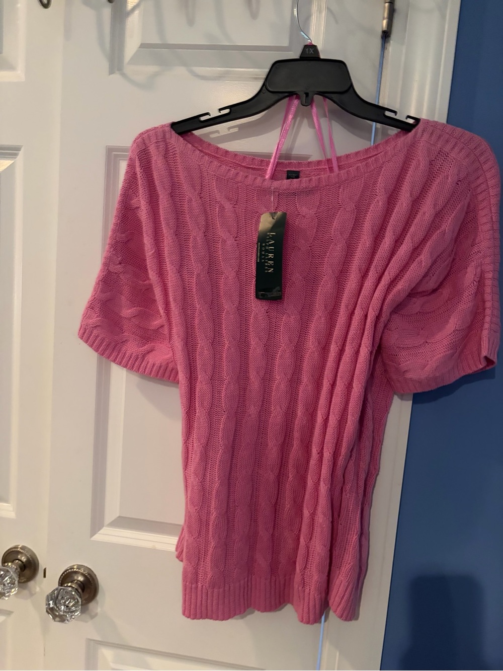 Ralph Lauren Pink Cable-Knit Off-Shoulder Short Sleeve Sweater